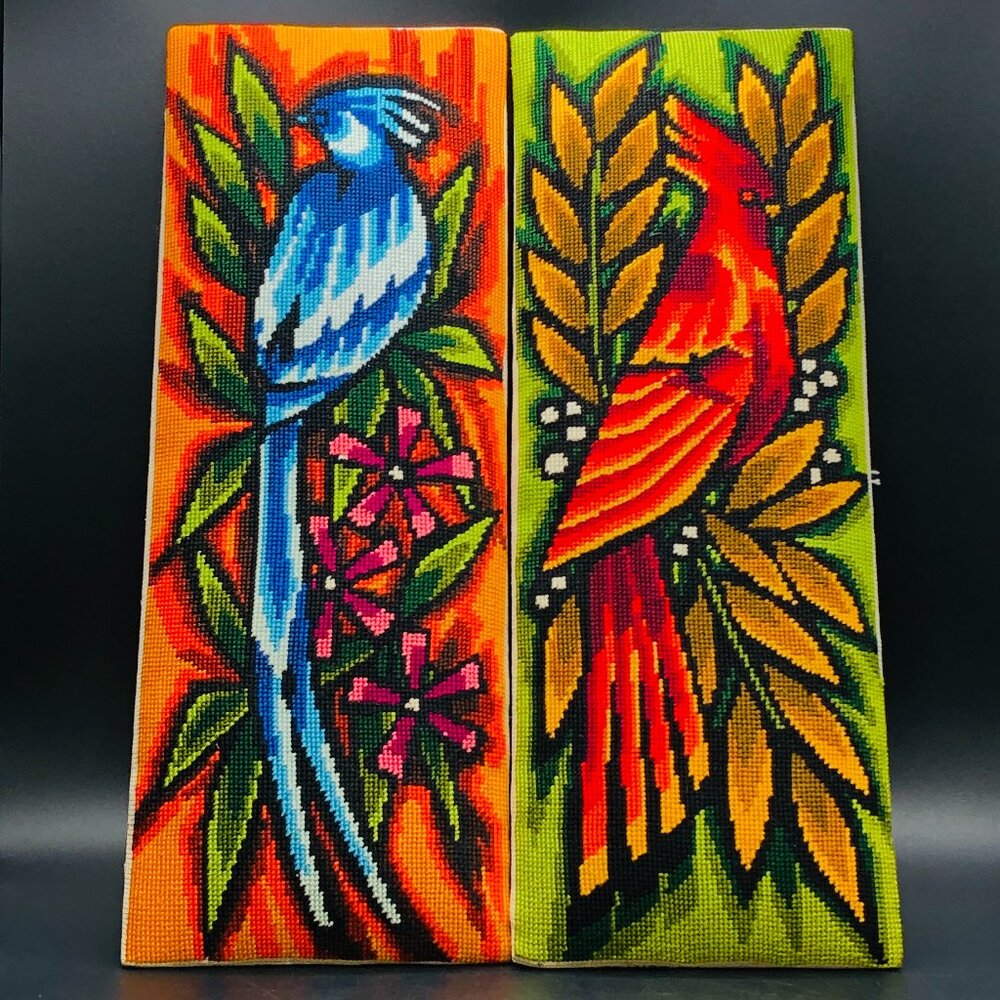 Midcentury Modern Blue Jay Red Cardinal Needlepoint Tapestry Wall Hanging SET